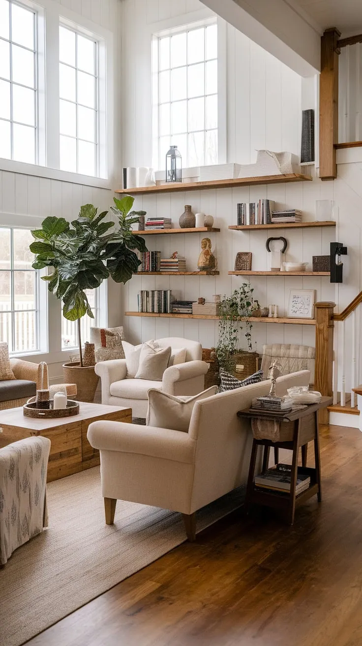 This rustic farmhouse living room beautifully blends modern farmhouse style with cozy farmhouse living, featuring a beige sofa, wooden accents, and ample natural light.