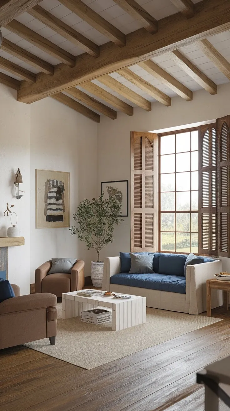 This rustic farmhouse living room features a modern twist with its wooden beam ceiling, cozy beige sofa, and stylish decor, perfectly blending farmhouse interior design and modern rustic living.