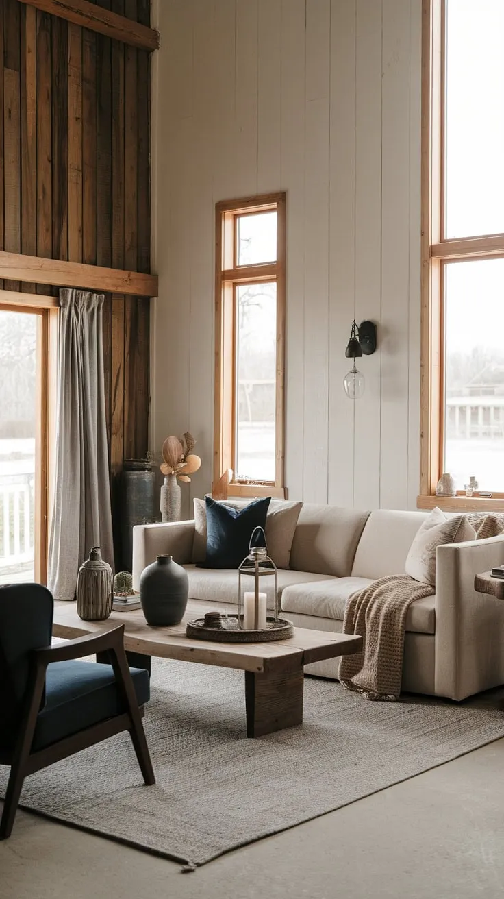 With its inviting beige sofa, dark blue chair, and charming rustic home decor, this modern farmhouse living room exemplifies cozy farmhouse living and innovative farmhouse interior design.