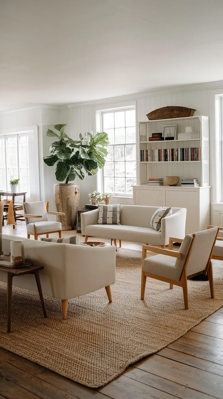 This rustic farmhouse living room beautifully blends modern farmhouse style with cozy farmhouse living, featuring a beige sofa, wooden accents, and natural light that enhances its farmhouse aesthetic.