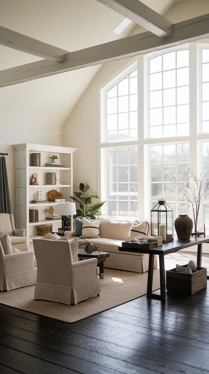 This rustic farmhouse living room beautifully blends modern farmhouse style with cozy farmhouse living, featuring high ceilings, natural light, and rustic decor elements.