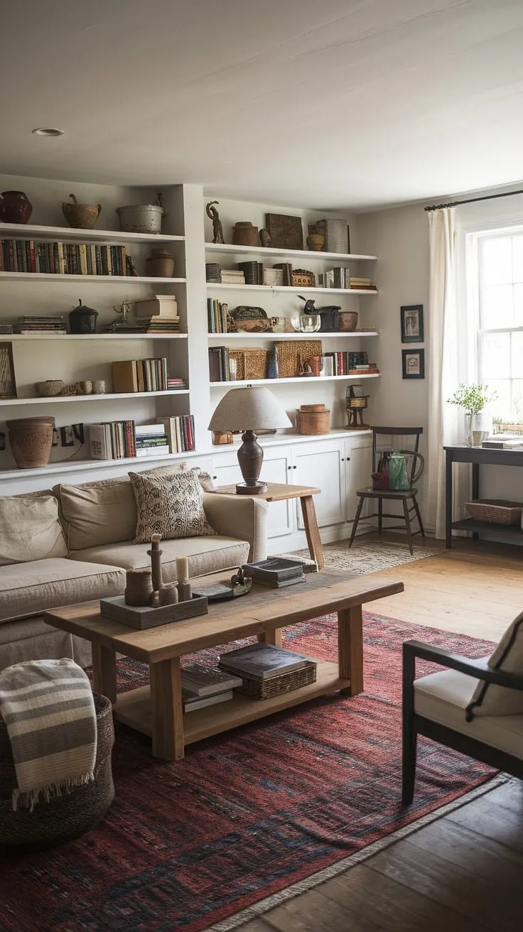 This cozy rustic farmhouse living room blends modern farmhouse style with rustic home decor, featuring a beige sofa, wooden coffee table, and charming decorative accents that embody the farmhouse aesthetic.