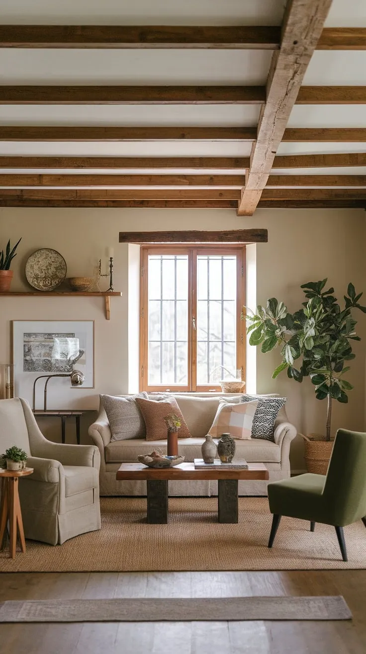 This rustic farmhouse living room beautifully blends modern farmhouse style with cozy rustic decor, featuring a wooden beam ceiling, beige sofa, and charming vintage accents.