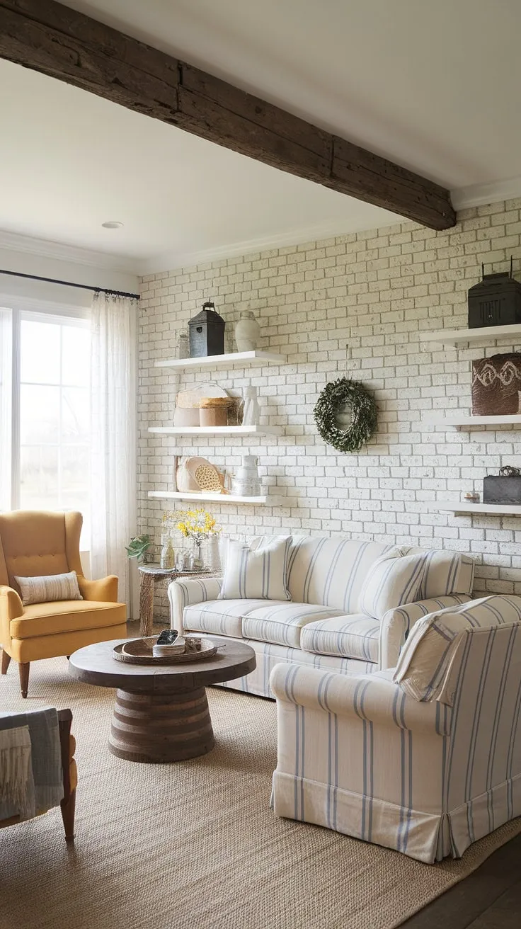 With its inviting beige sofa, blue-striped armchair, and rustic home decor, this modern rustic living room showcases inspiring farmhouse living room ideas that create a cozy atmosphere.