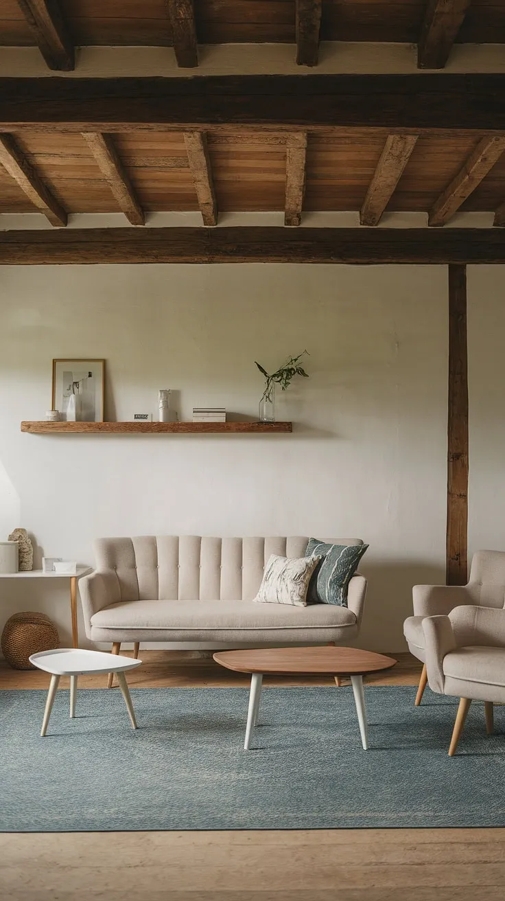 The inviting farmhouse aesthetic of this modern rustic living room showcases a beige sofa, a stylish white coffee table, and decorative elements that highlight the essence of cozy farmhouse living.