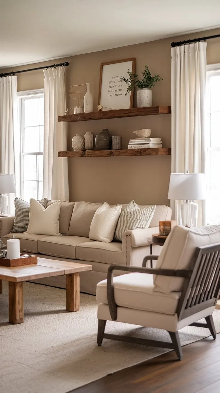 The inviting modern rustic living room showcases farmhouse interior design with a beige palette, wooden furniture, and charming decor for a cozy farmhouse aesthetic.