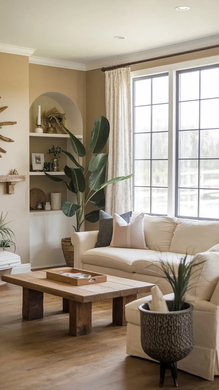 This rustic farmhouse living room features a modern twist with a cozy beige sofa, wooden coffee table, and stylish decor, perfectly blending farmhouse interior design and modern rustic living.