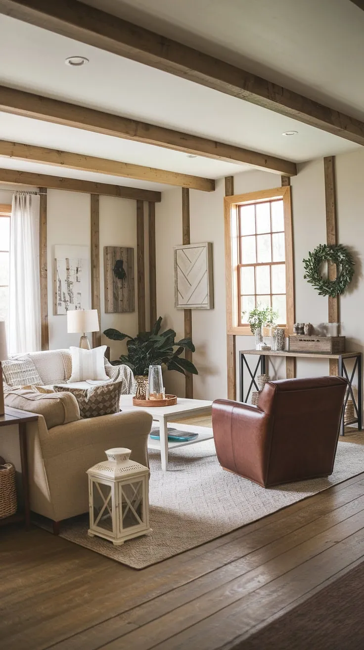 This cozy farmhouse living room beautifully blends rustic farmhouse decor with modern farmhouse style, featuring a beige couch, brown leather chair, and wooden accents that enhance the farmhouse aesthetic.