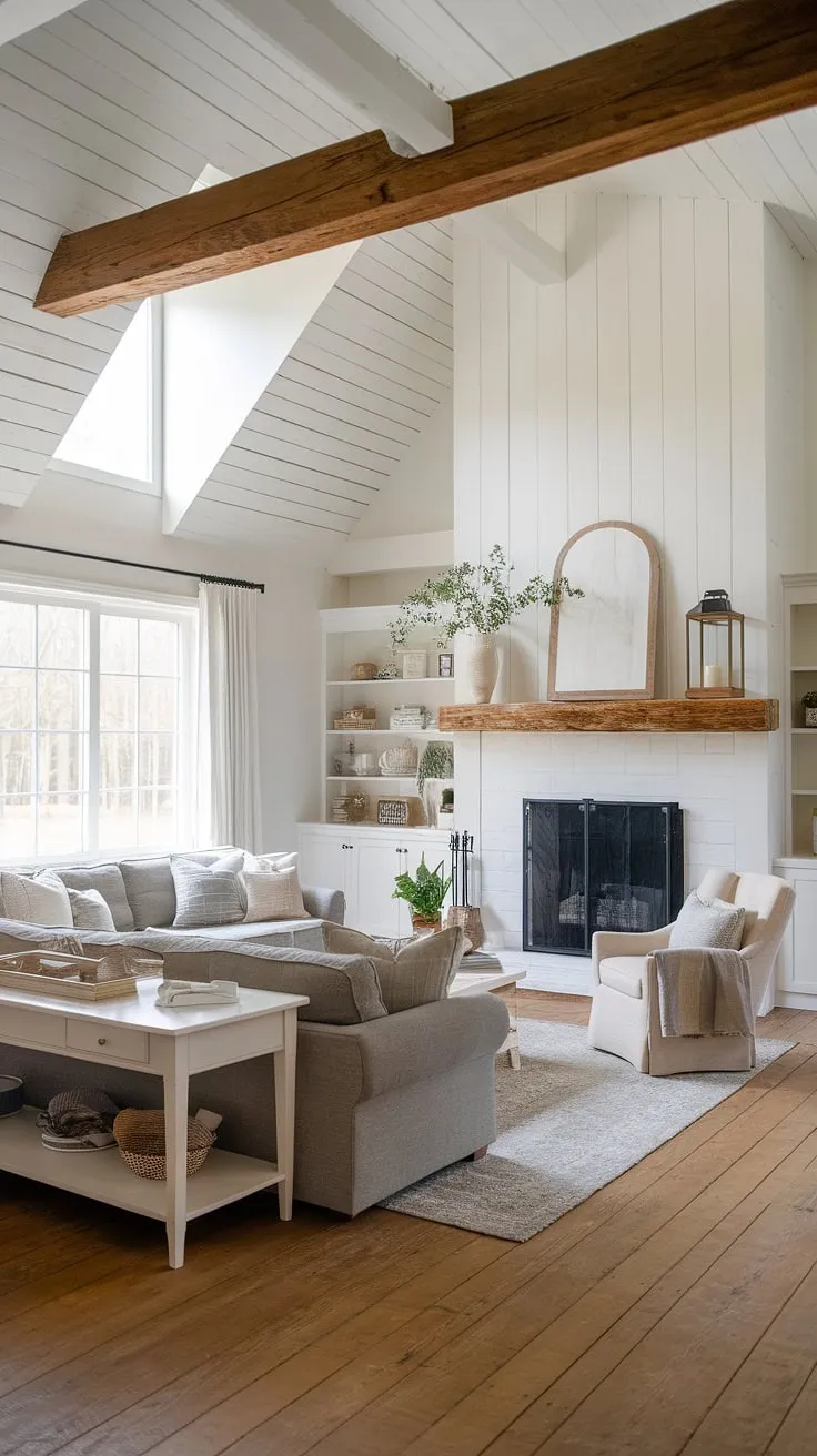 This modern rustic living room beautifully blends rustic farmhouse decor with modern farmhouse style, featuring high ceilings, wooden beams, and cozy accents for an inviting farmhouse aesthetic.