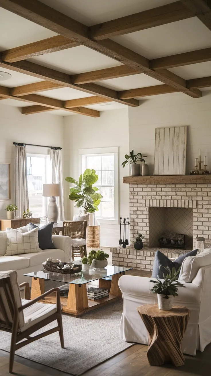With its charming wooden beam ceiling and stylish brick fireplace, this modern rustic living room showcases farmhouse interior design ideas that create a warm and inviting atmosphere.