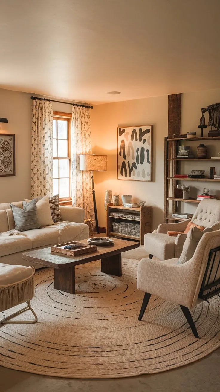 A charming modern rustic living room showcases farmhouse interior design with a beige sofa, artistic wall decor, and a large round rug, creating inviting farmhouse living room ideas.