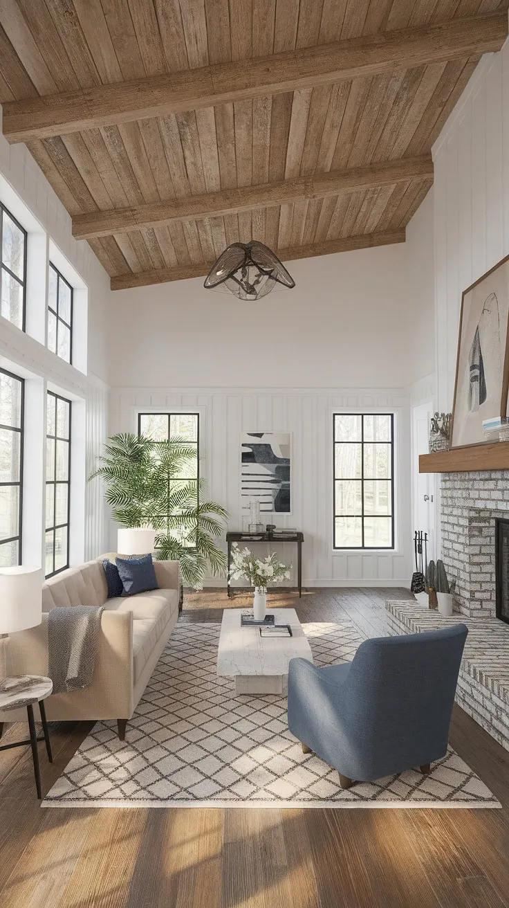 This modern rustic farmhouse living room features a wooden plank ceiling, white walls, and a cozy arrangement of a beige sofa, blue chair, and geometric rug, perfectly blending rustic farmhouse decor with modern farmhouse style.