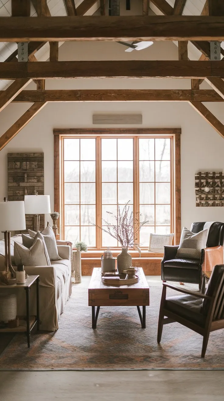 This cozy rustic farmhouse living room blends modern farmhouse style with rustic home decor, featuring a wooden beam ceiling, a beige sofa, and a vintage rug that enhance the farmhouse aesthetic.