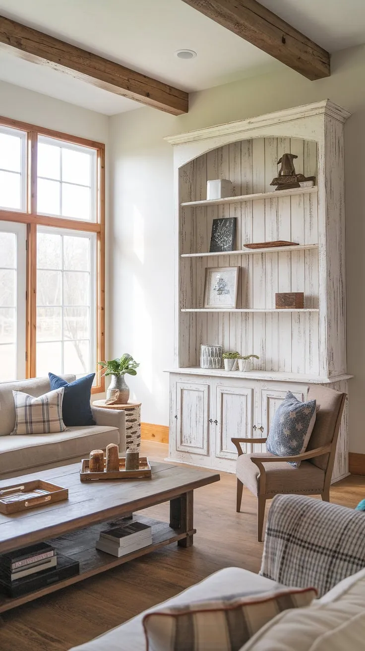 This modern farmhouse living room beautifully blends rustic farmhouse decor with cozy farmhouse living, featuring wooden beams, a beige sofa adorned with patterned throw pillows, and a stylish wooden coffee table.