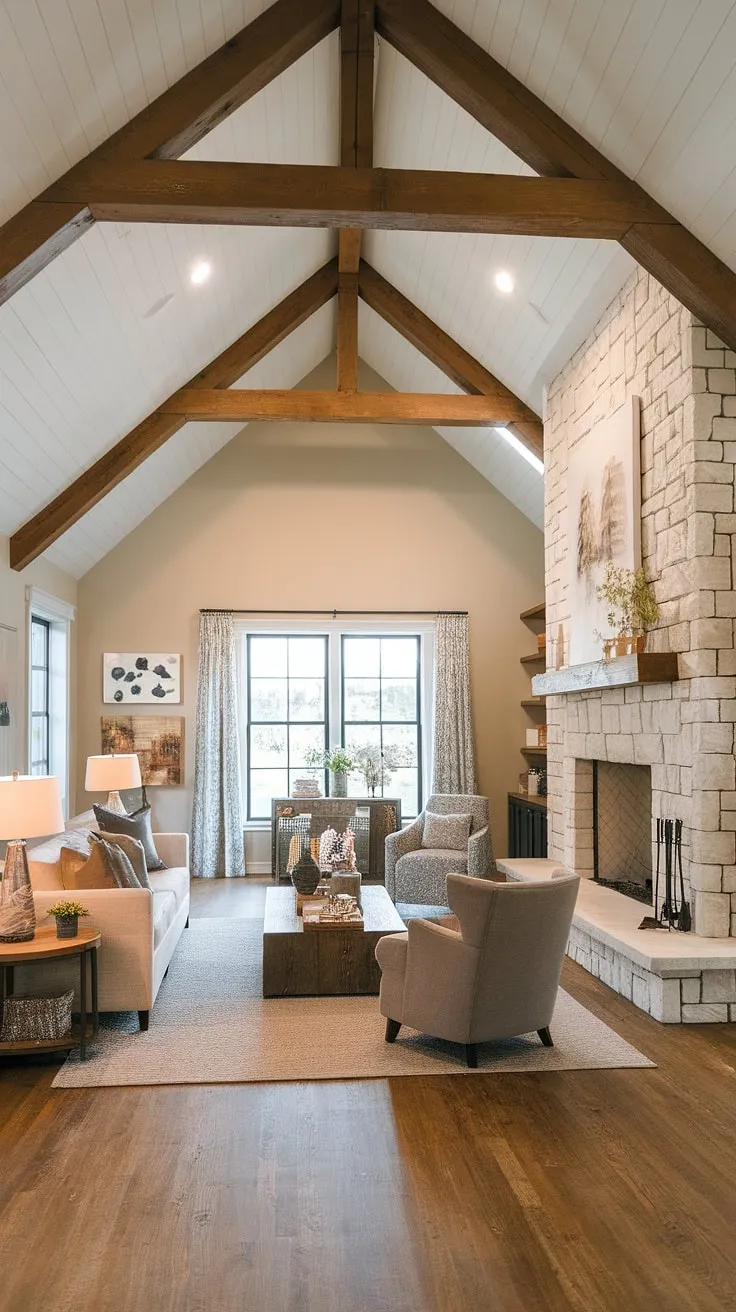 This modern rustic living room beautifully blends rustic farmhouse decor with modern farmhouse style, featuring vaulted ceilings, wooden beams, and a cozy ambiance perfect for farmhouse living.