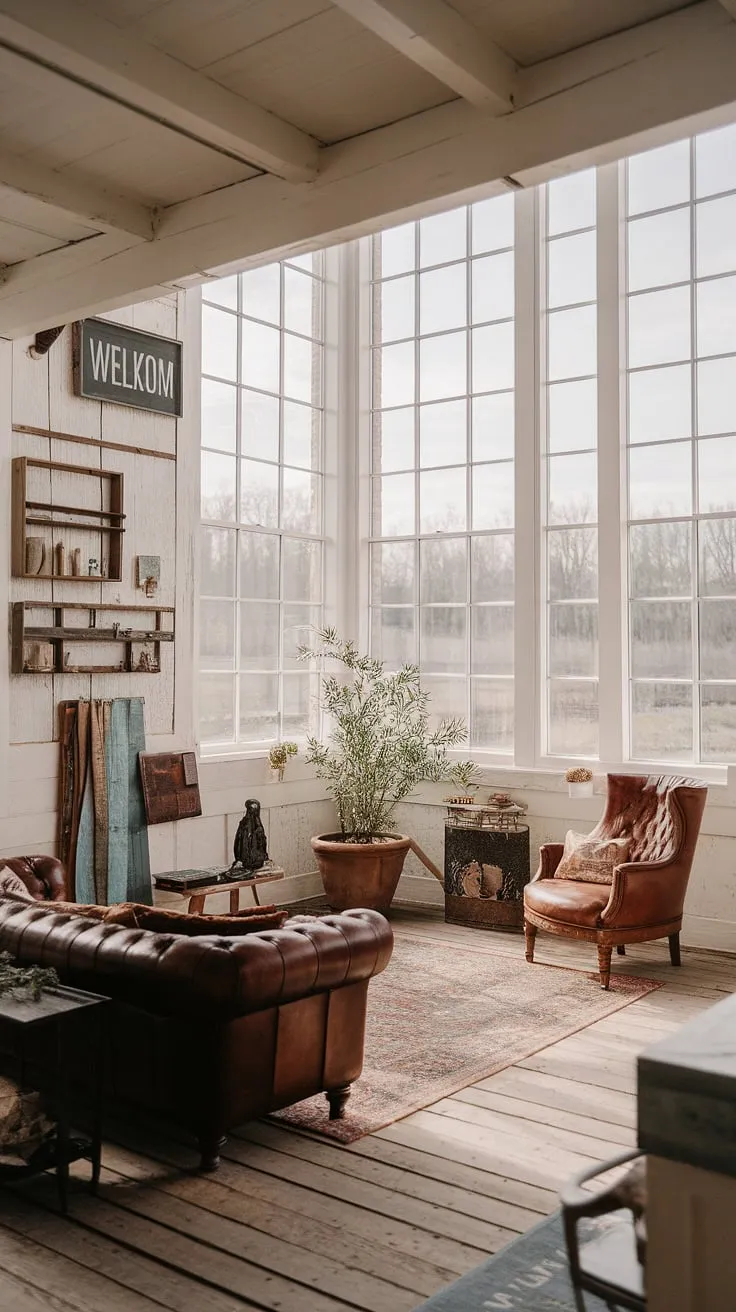 With its vintage wooden chair, leather sofa, and warm rustic home decor, this modern rustic living room captures the essence of farmhouse interior design and aesthetic.
