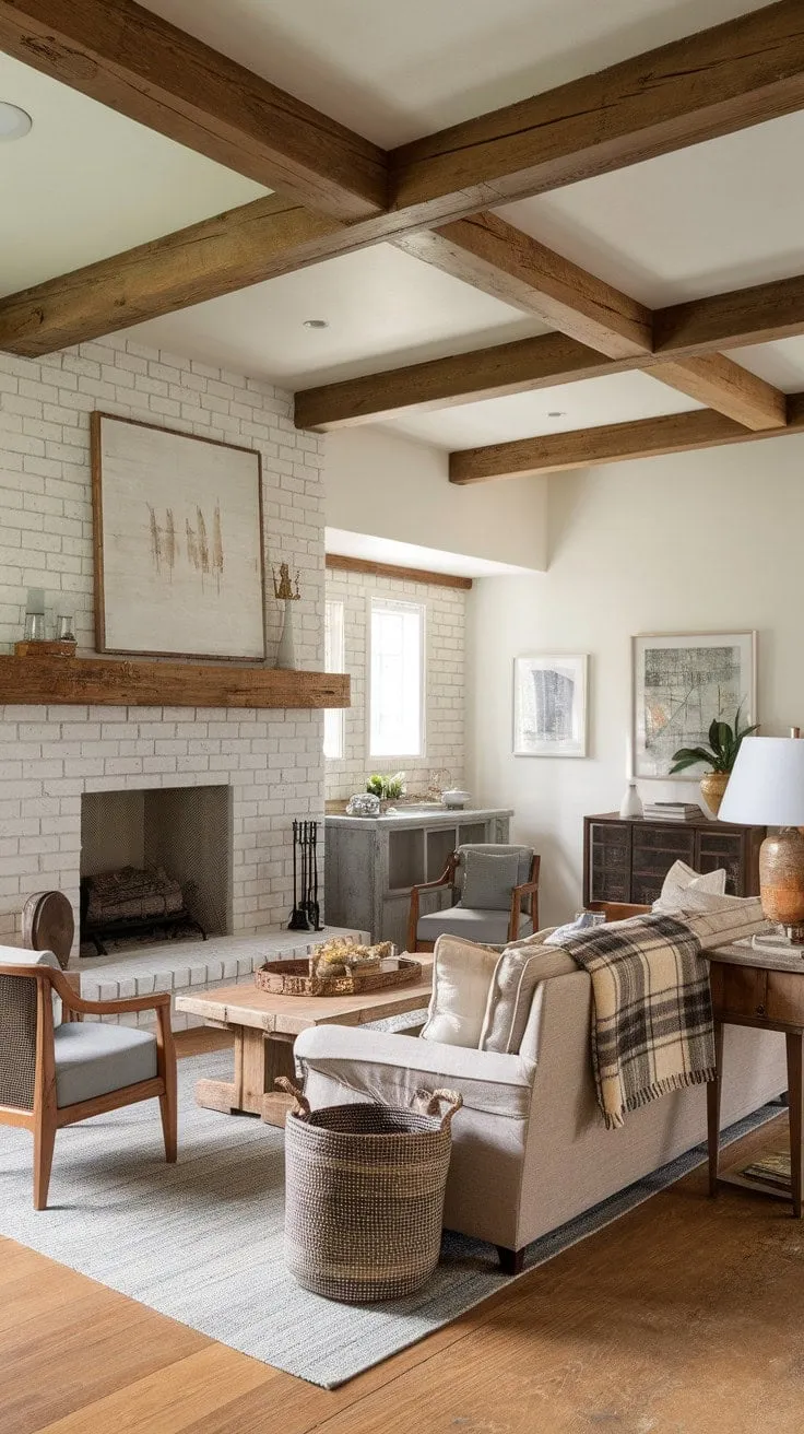 This farmhouse living room harmoniously fuses rustic charm with modern elegance, creating a cozy yet stylish retreat for relaxation and socializing.