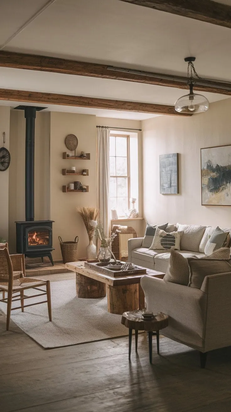 This farmhouse living room beautifully fuses rustic charm with modern comfort, offering a cozy yet stylish retreat enhanced by a wood-burning stove and curated décor.