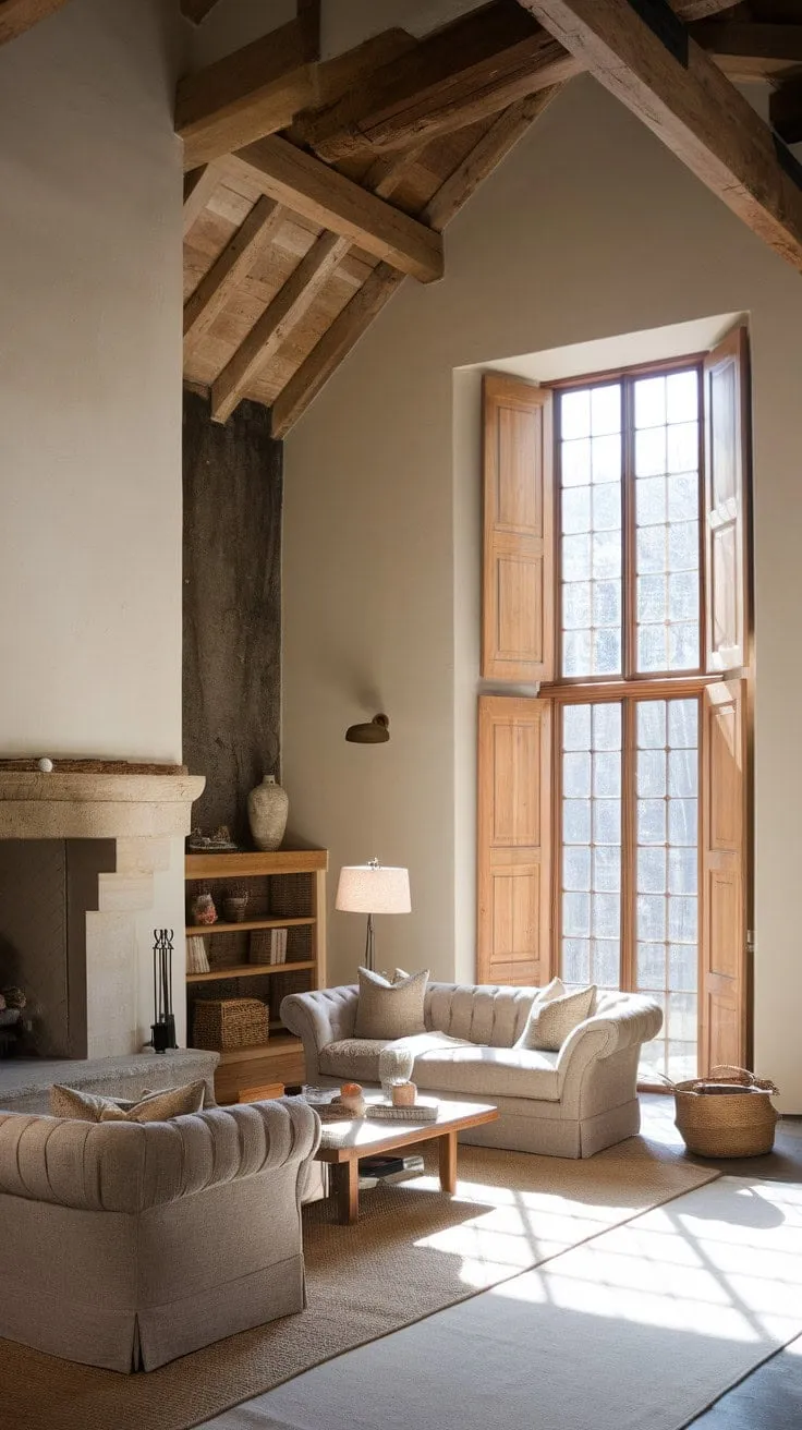Sunlight dances through wooden shutters, highlighting a cozy modern rustic living room where old-world charm meets contemporary elegance.