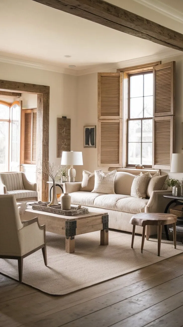 Sunlight dances through wooden shutters, highlighting a rustic farmhouse living room where modern comfort meets timeless charm in an inviting embrace.
