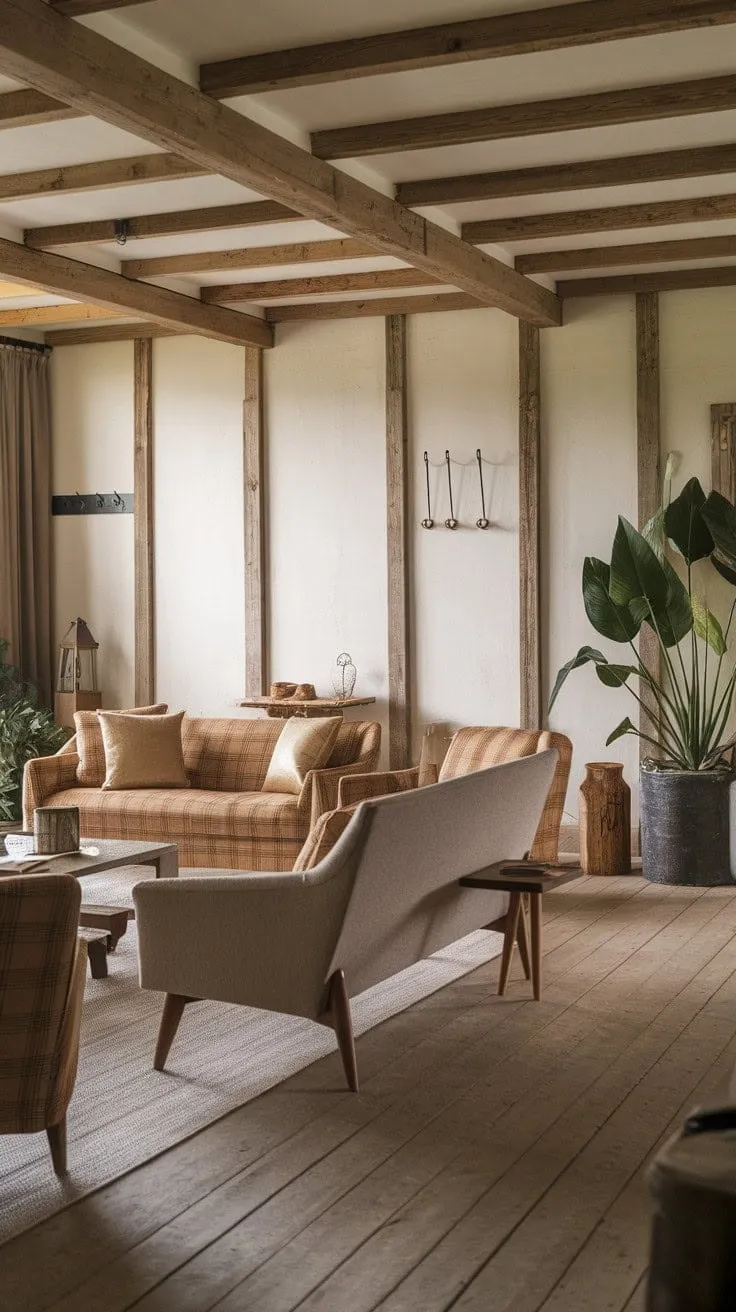 In this farmhouse living room, rustic charm and modern comfort unite through warm plaid furnishings, exposed beams, and vibrant greenery, creating a cozy yet stylish retreat.
