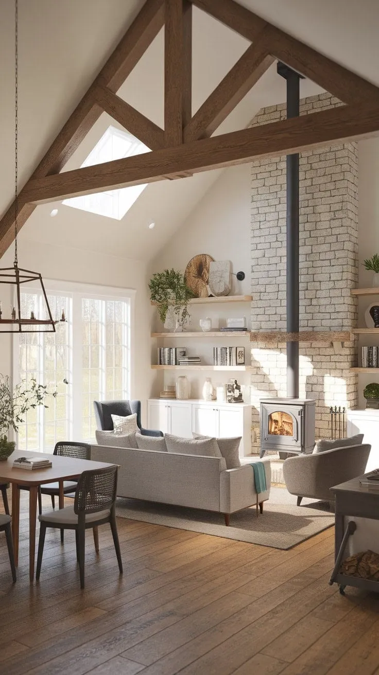 This farmhouse living room beautifully marries rustic warmth with modern comfort, featuring exposed beams and a stone fireplace alongside bright, inviting furnishings.