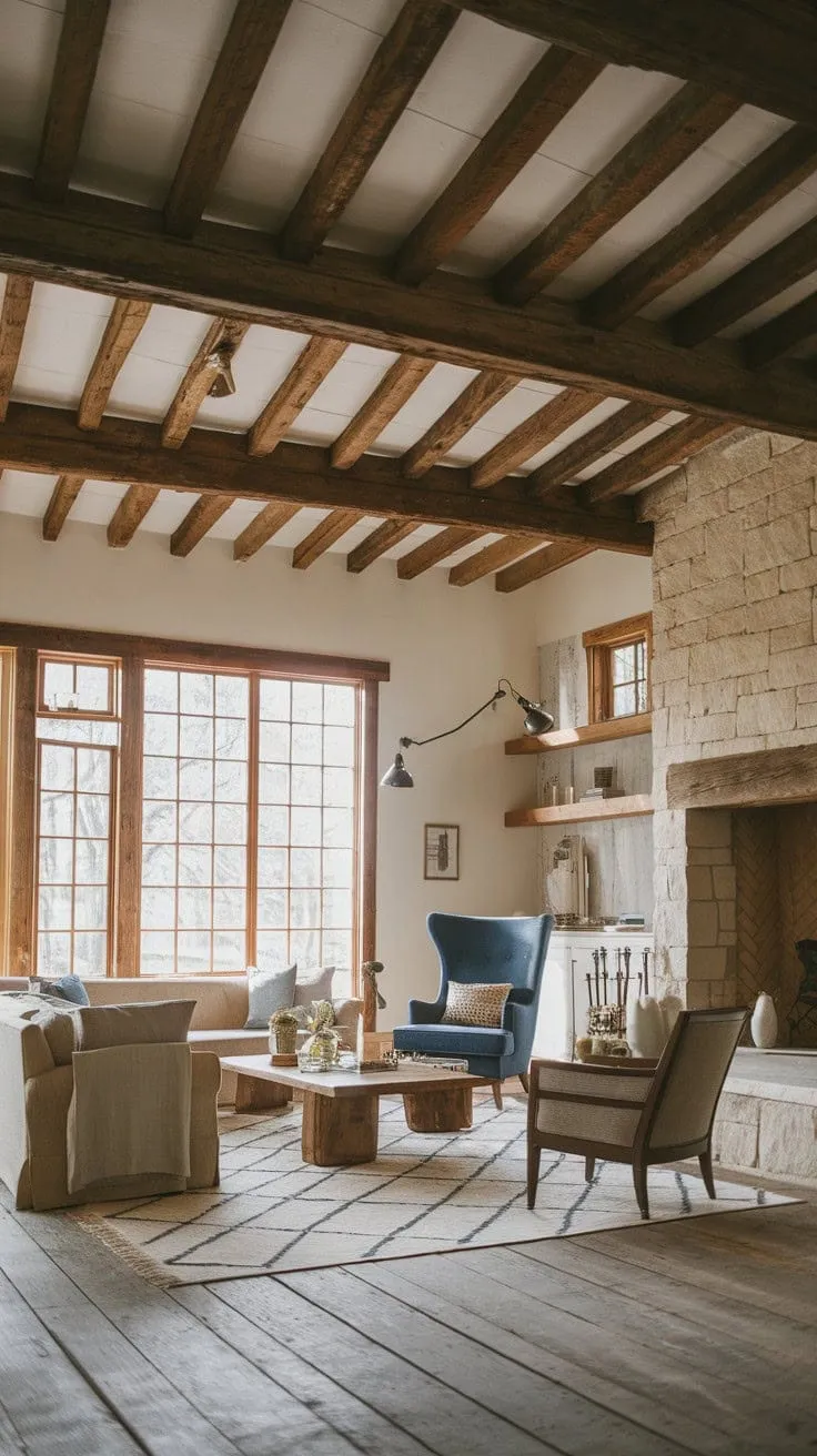 Bathed in sunlight, this farmhouse living room beautifully blends rustic charm with modern elegance, creating a timeless yet fresh atmosphere.