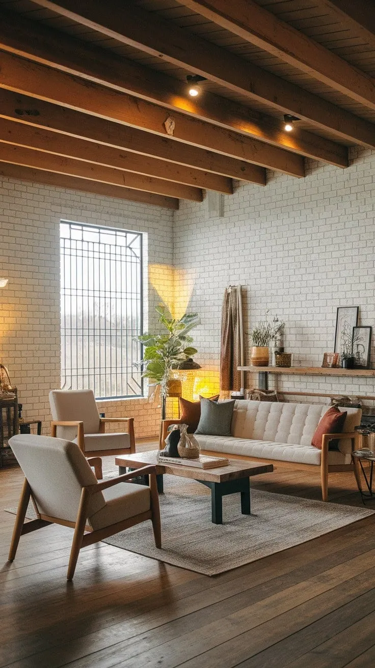 In a beautifully renovated farmhouse living room, warm light illuminates a harmonious blend of rustic charm and modern elegance, creating an inviting haven for relaxation and simple joys.