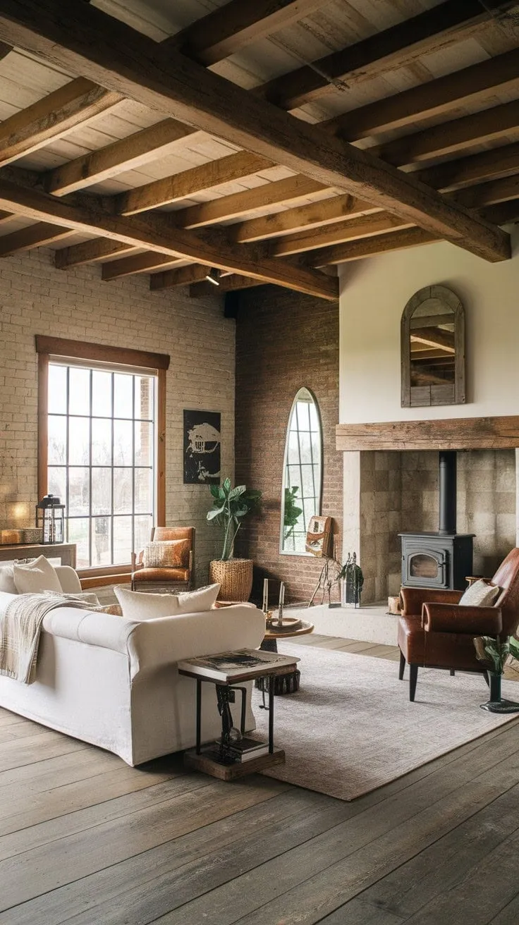This living room harmoniously marries rustic charm with modern elegance, featuring a striking stone fireplace that invites warmth and relaxation.