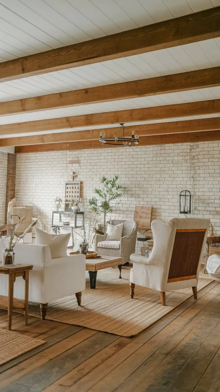 In this farmhouse living room, rustic elements like exposed brick and wooden beams harmonize with modern touches, creating a cozy yet chic retreat.