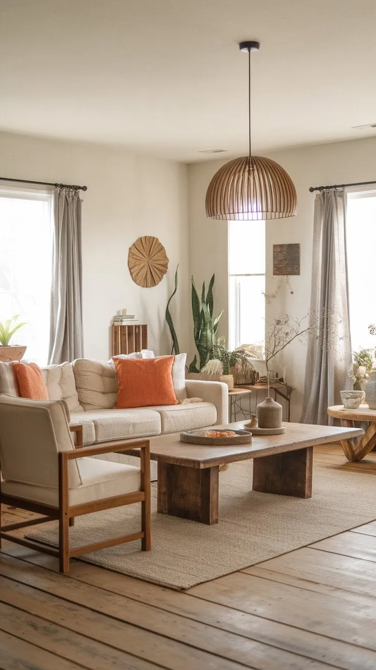 Bathed in sunlight, this farmhouse living room radiates warmth and simplicity, showcasing curated details that create a serene sanctuary.