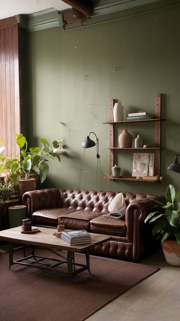 This rustic green living room, bathed in the soft glow of the afternoon sun a, feels both cozy and inviting. The rich brown leather sofa anchors the space, complemented by the warm wood tones and lush greenery.