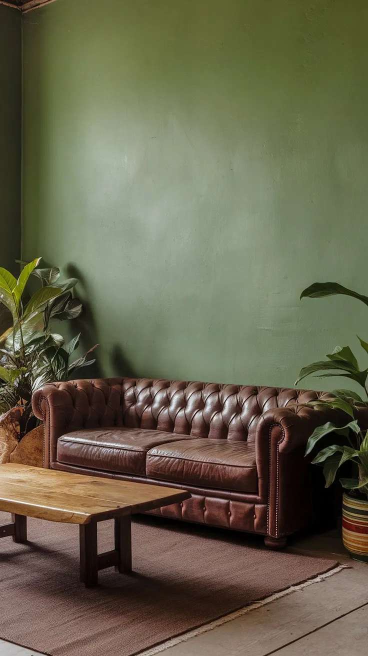 This jungle-inspired living room is a sanctuary of calm. The deep green walls, brown leather sofa, and wooden accents create a sophisticated yet inviting space. Potted plants add life and vibrancy, while the earthy rug grounds the room, making it the perfect spot to unwind and reconnect.