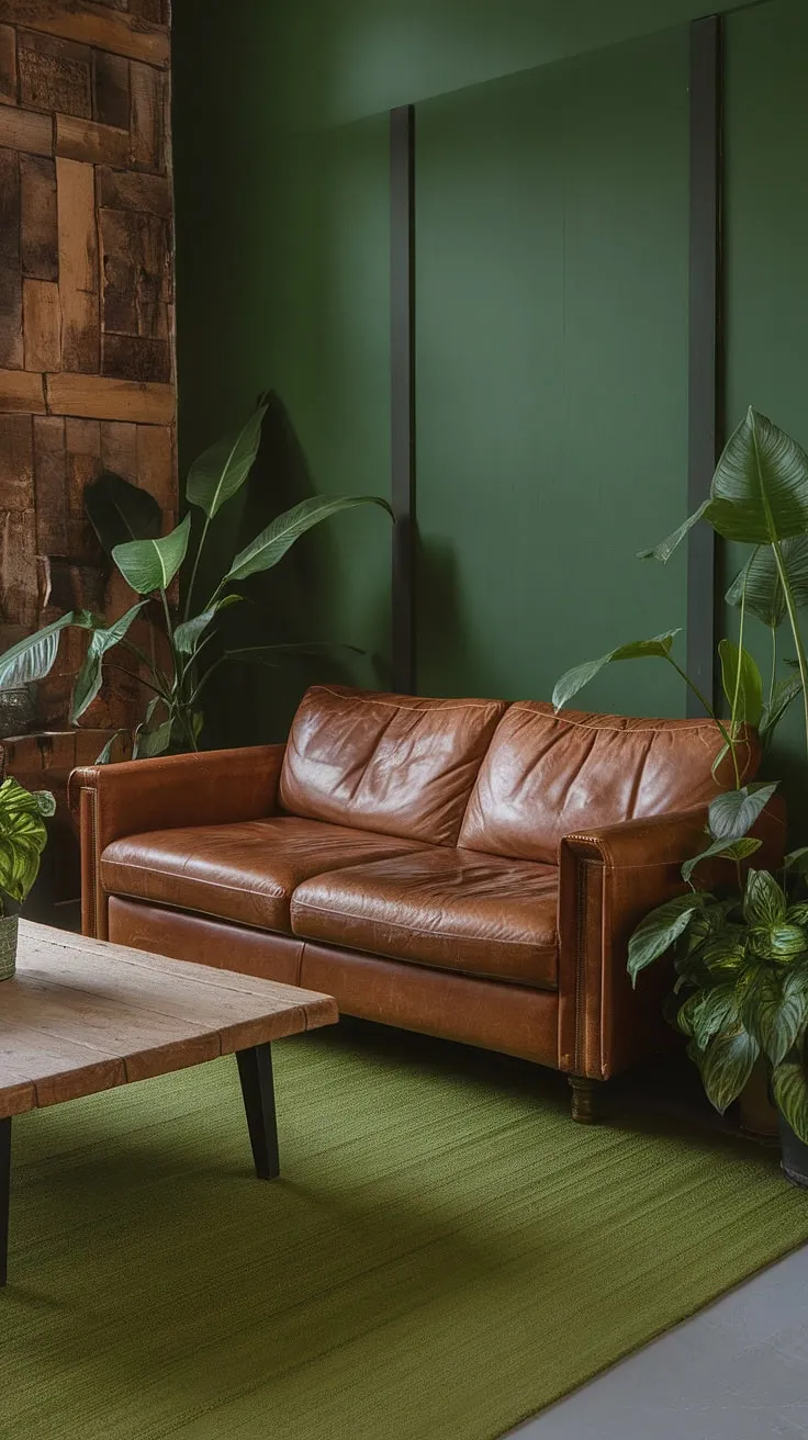 Sink into comfort in this earthy haven, where deep jungle green walls embrace a rich brown leather sofa and lush greenery thrives. The rustic wooden coffee table adds a touch of warmth, creating a sanctuary of calm and inviting style. A perfect blend of textures and tones for a truly restorative space.