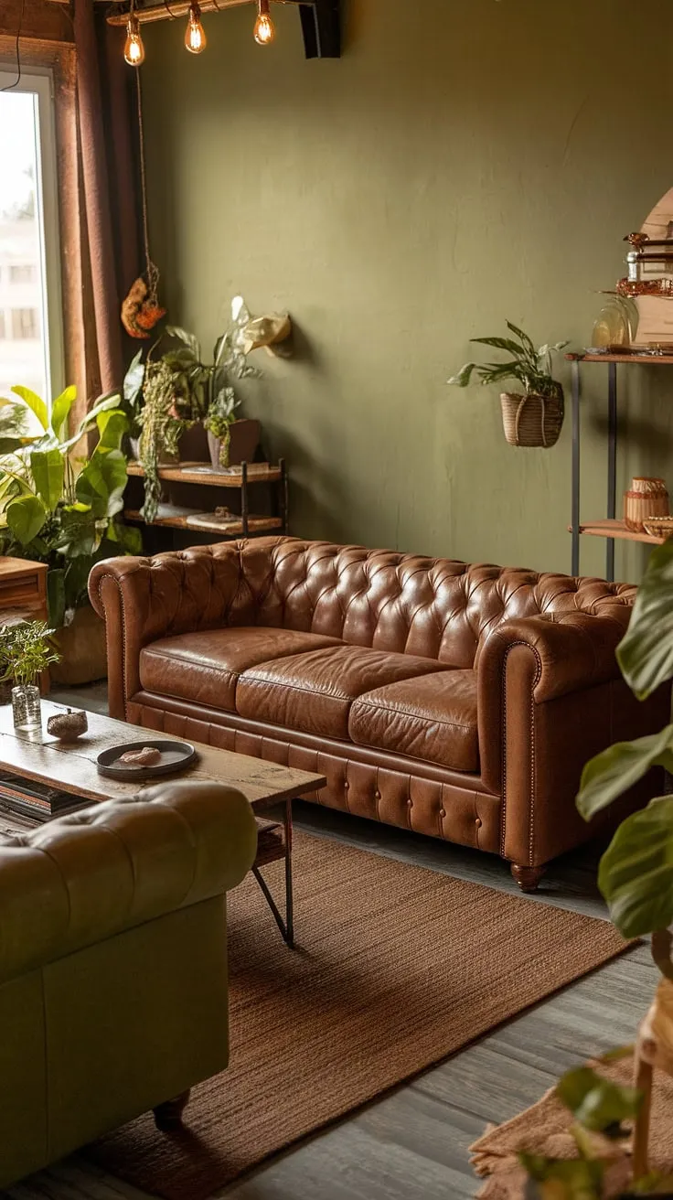This rustic green living room is a testament to the beauty of natural materials and calming color palettes. The deep green walls, paired with the warm brown leather sofa and wooden accents, create a sophisticated yet cozy atmosphere. The addition of lush greenery further enhances the sense of serenity, making this space a true sanctuary. It's the perfect blend of comfort and style, a place where you can truly relax and recharge.