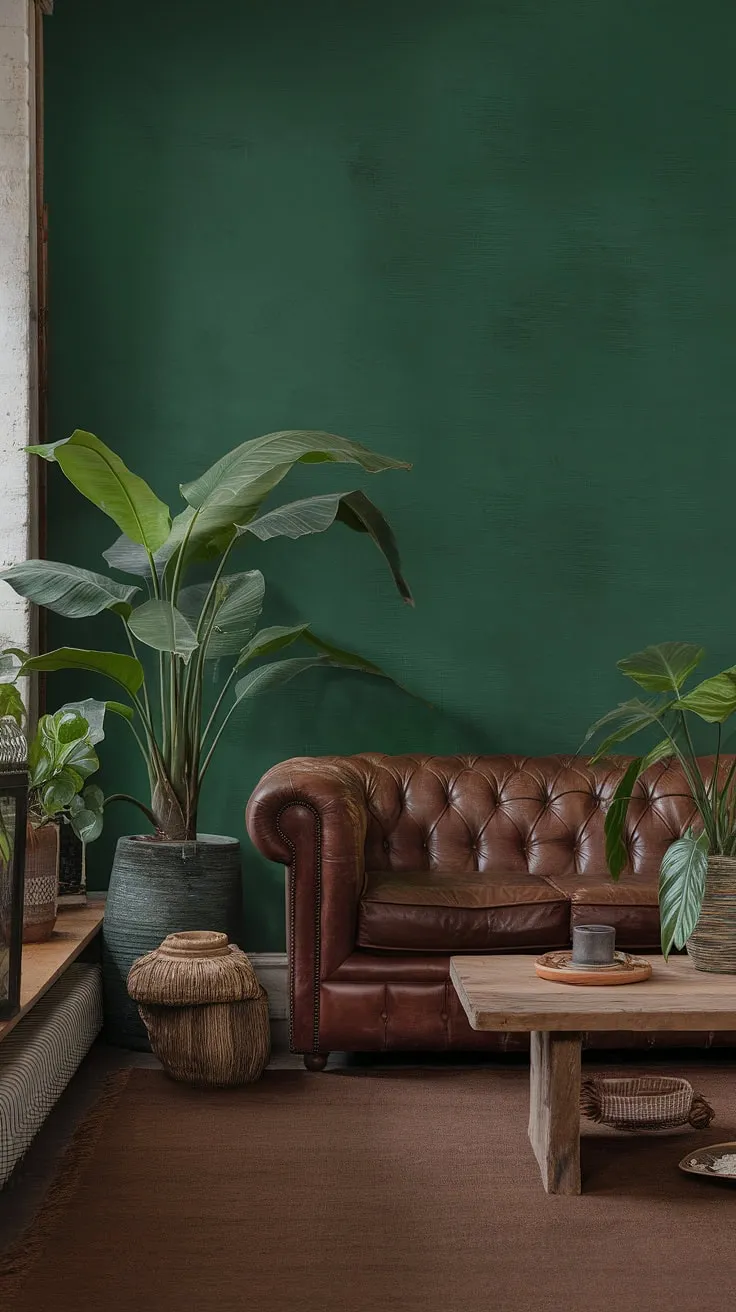 This jungle-toned living room is a sanctuary of calm. The deep green walls, earthy rug, and brown leather sofa create a sophisticated yet inviting atmosphere. Potted plants and warm lighting add to the overall sense of peace and serenity, making it the perfect spot to unwind and reconnect.