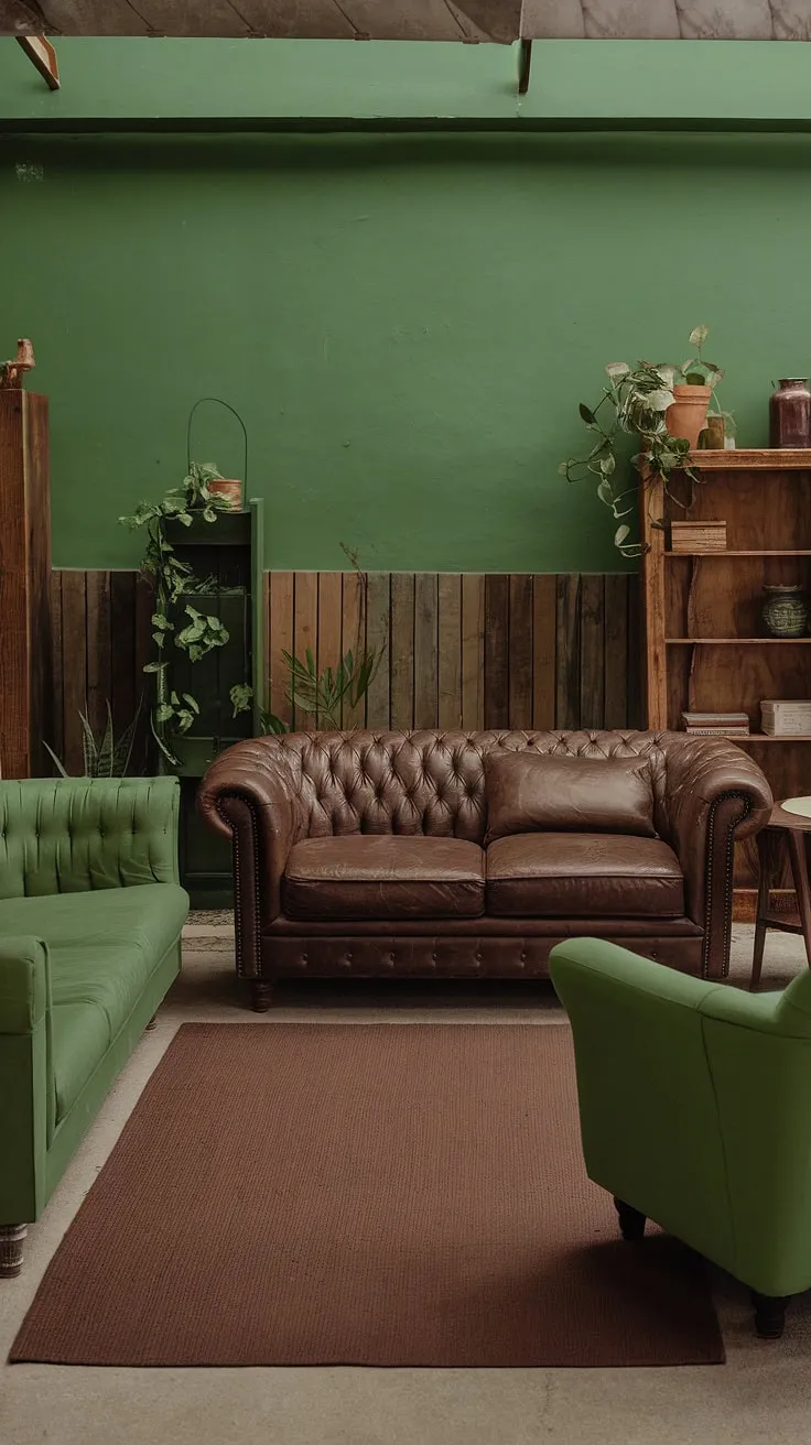 This green and brown haven is the epitome of rustic charm. The rich textures of the leather and wood, combined with the calming green hues, create a space that is both stylish and incredibly relaxing. A perfect blend of comfort and sophistication, this room is a true escape.