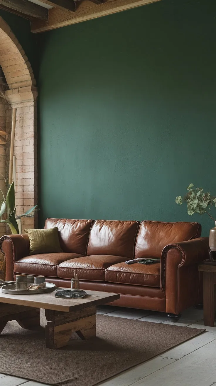 This deep jungle green living room is a study in understated elegance. The brown leather sofa, wooden coffee table, and earthy rug create a space that's both sophisticated and relaxed. A perfect place to unwind and escape.