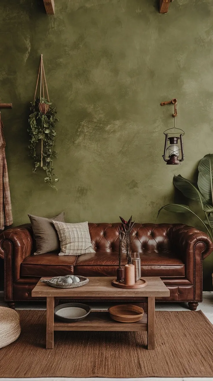 Sink into comfort in this rustic green haven. The rich brown leather sofa, complemented by the earthy tones of the wooden coffee table and rug, creates a warm and inviting atmosphere. A touch of nature, with the potted plants and hanging lantern, adds to the cozy ambiance. This is the perfect space to unwind and escape.