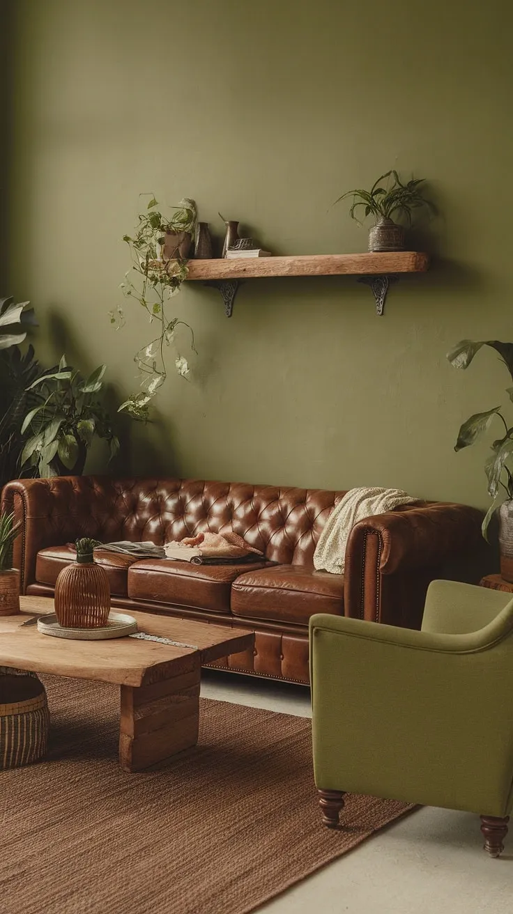This charming living room is a testament to the beauty of simple design. The deep green walls, paired with the cozy brown leather sofa and armchair, create a sophisticated yet comfortable space. A haven of peace and quiet, perfect for curling up with a good book or enjoying quiet conversation.