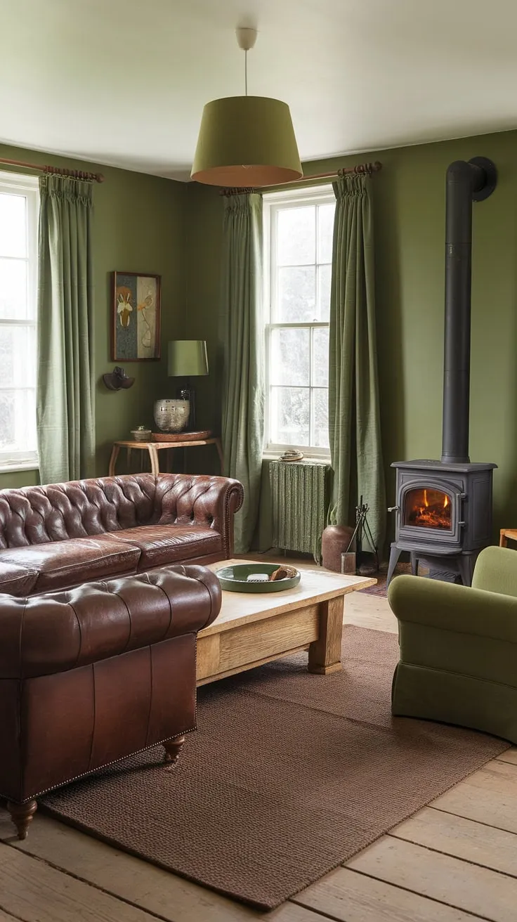 Cozy evenings spent by the crackling wood-burning stove in this rustic green haven. The rich brown leather sofa and plush armchair invite relaxation, while the warm wood floors and green accents create a tranquil atmosphere. A perfect blend of comfort and style.