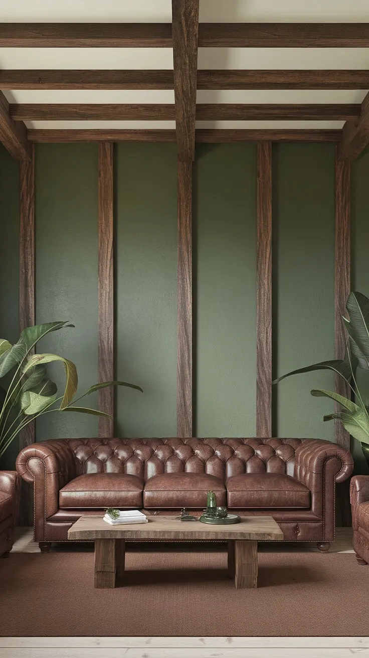 Rustic charm meets modern comfort in this green-hued living room. The rich brown leather sofa, wooden beams, and earthy tones create a warm and inviting atmosphere, perfectly complemented by the pops of green from the plants and walls. A sanctuary of tranquility awaits.