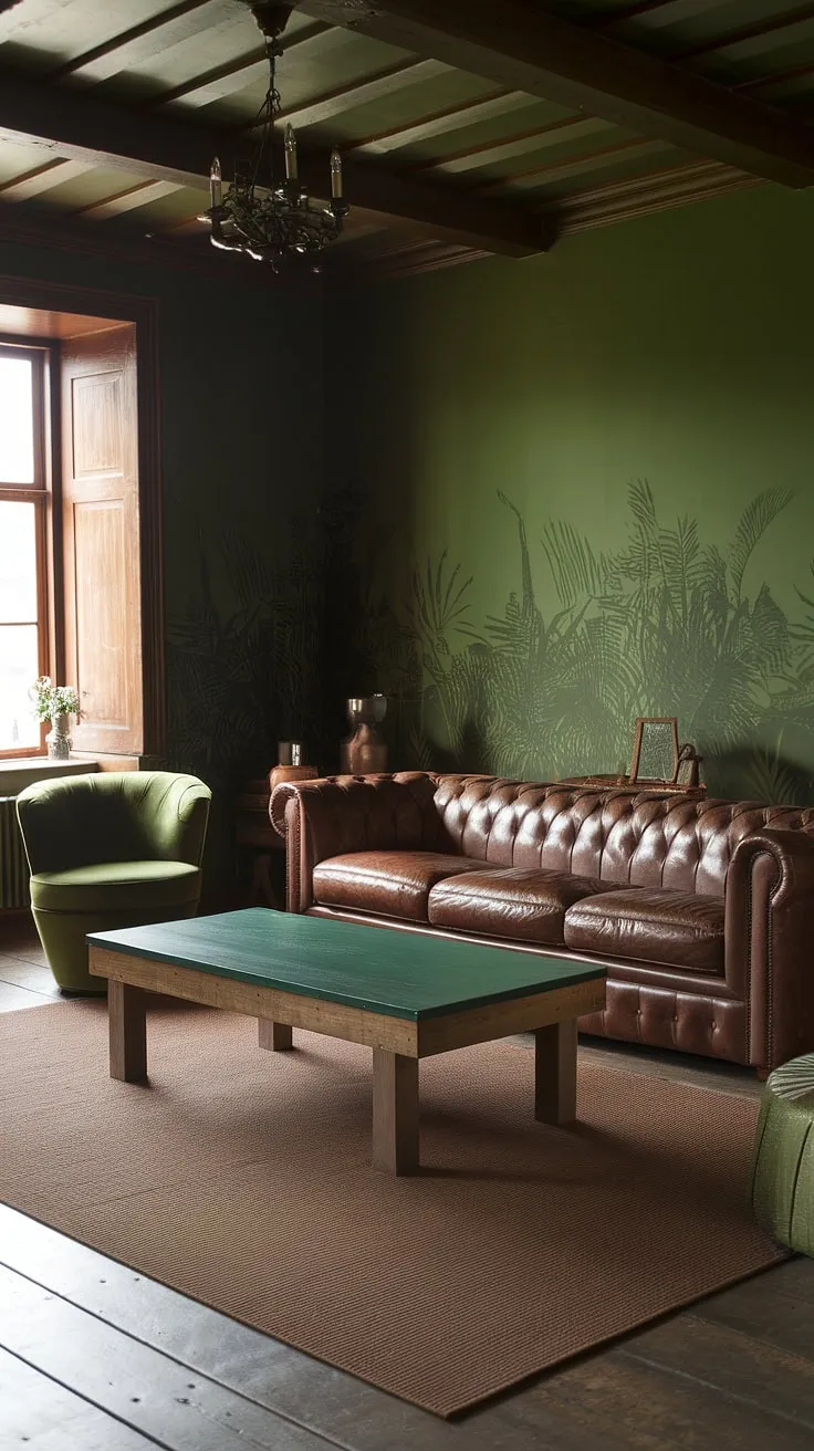 Sink into the comforting embrace of this rustic green living room, where rich textures and deep hues create a haven of tranquility. The brown leather sofa, a wooden coffee table with a green top, and an accent chair in a complementary shade all contribute to a space that feels both inviting and sophisticated. A perfect blend of nature-inspired tones and handcrafted details makes this room a true sanctuary.