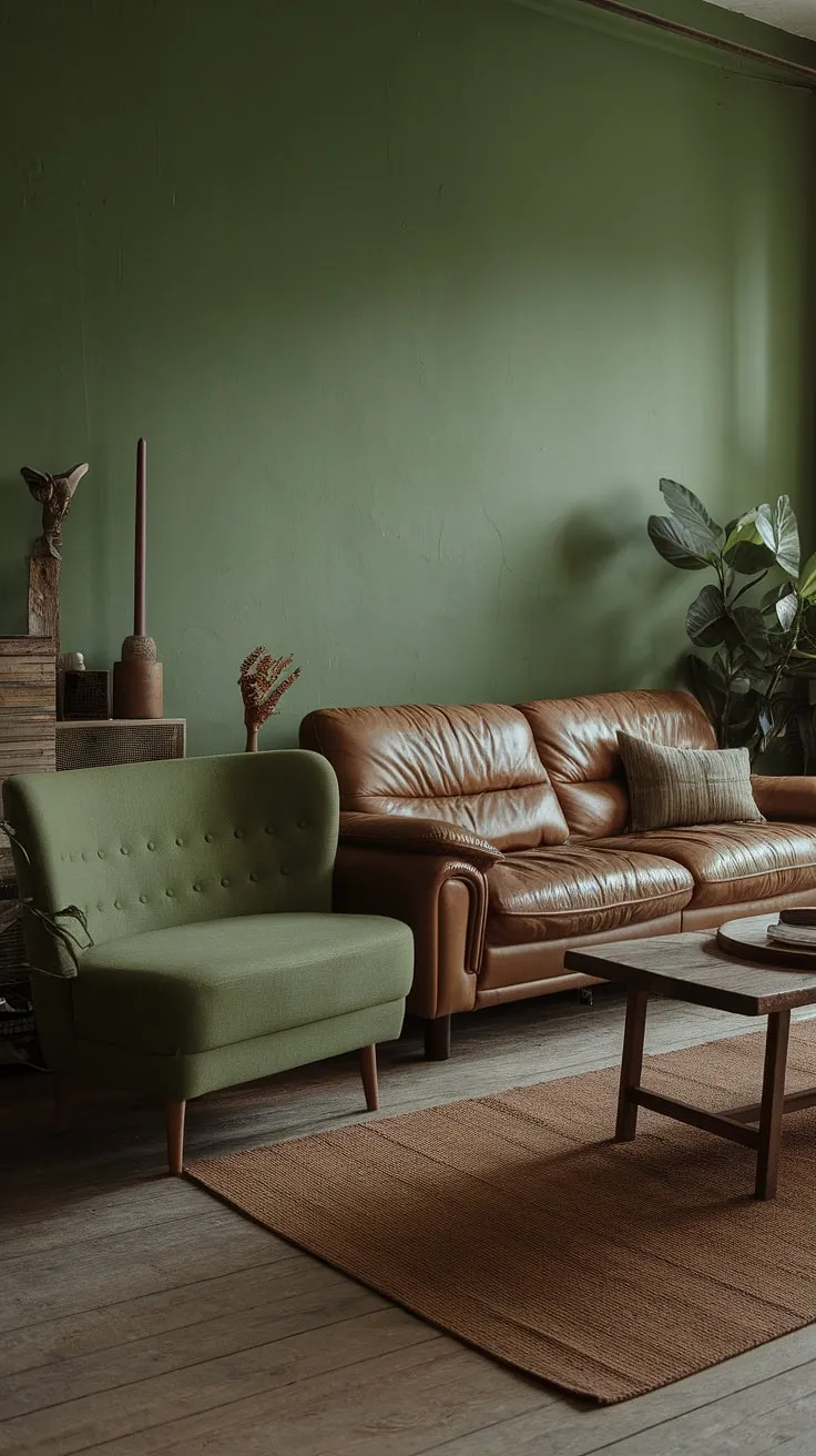 This living room's monochromatic green palette, punctuated by the warm brown leather sofa and wooden accents, is the epitome of understated elegance. The soft lighting and cozy textures create a welcoming ambiance, making it the ideal spot for relaxation and quiet contemplation. A truly serene escape awaits.