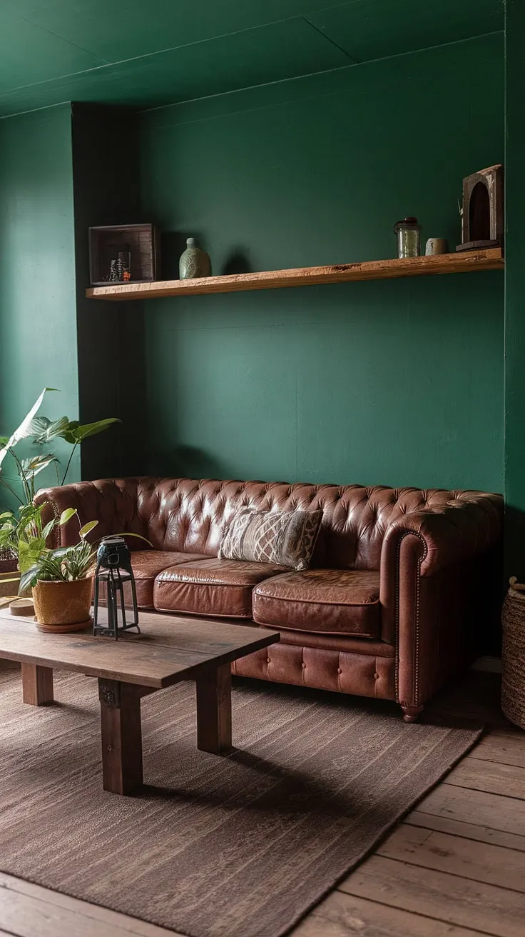 Escape to this sanctuary of calm. The rich, deep green walls envelop you in a sense of serenity, while the brown leather sofa offers a welcoming spot to unwind. The wooden accents and natural textures throughout the room, from the floorboards to the coffee table, add a touch of rustic elegance. It's the perfect blend of comfort and style, a haven for quiet contemplation.