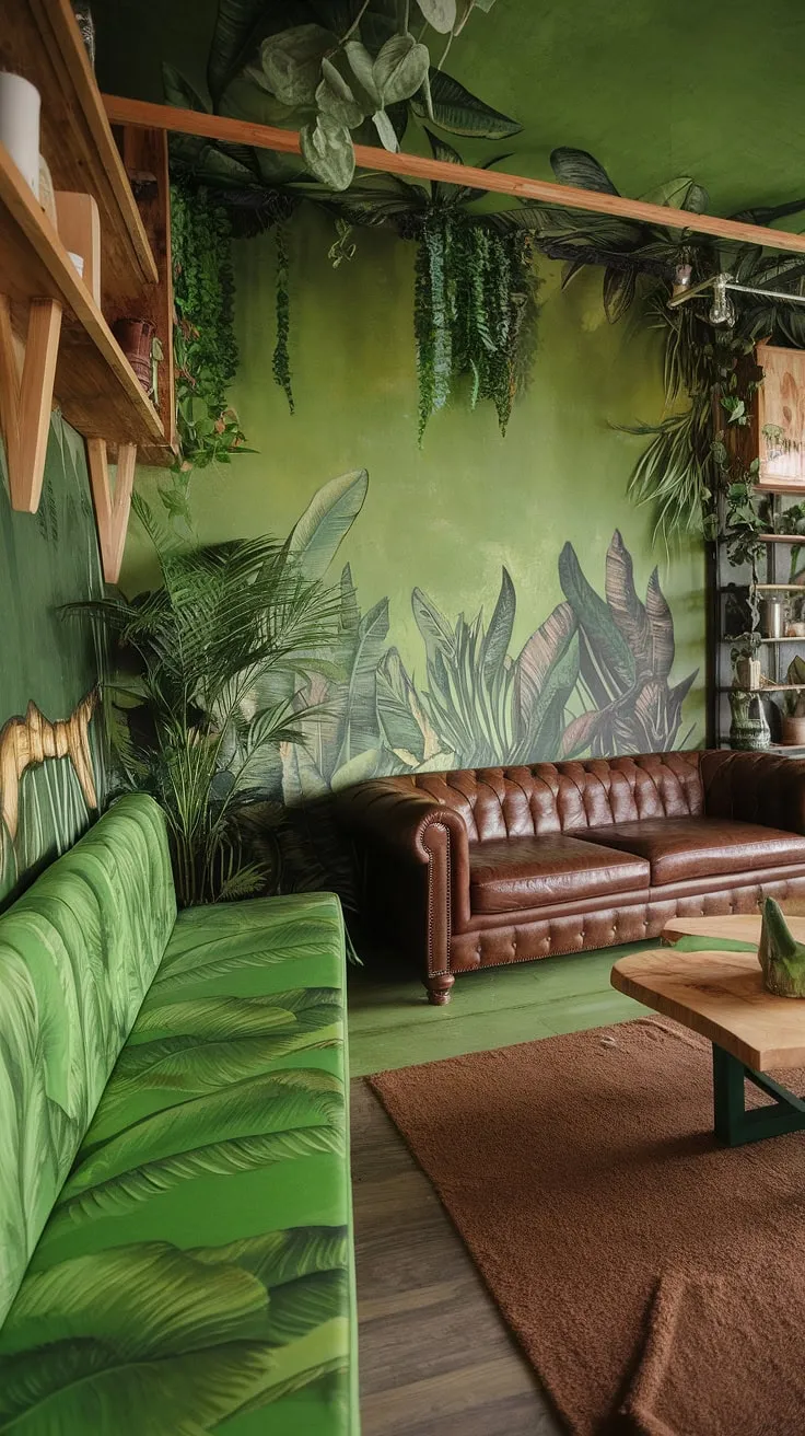 Sink into the lush embrace of this jungle-themed living room. The rich greens of the walls and upholstery, complemented by the warm tones of the leather sofa and wooden accents, create a haven of tranquility and natural beauty. A perfect blend of rustic charm and vibrant life.