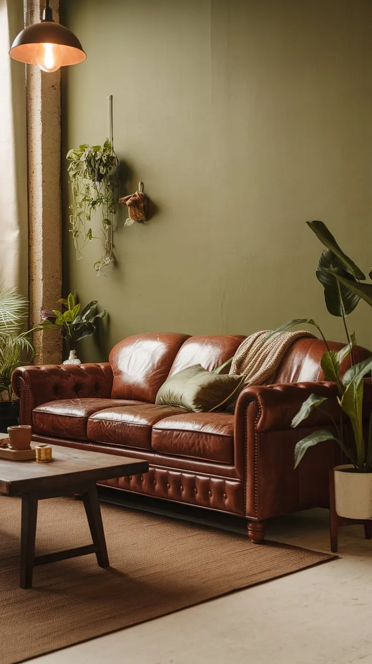 Sink into comfort in this rustic green living room. The rich brown leather sofa, complemented by the earthy tones of the wooden coffee table and rug, creates a warm and inviting atmosphere. The vibrant green walls, adorned with lush plants, add a touch of nature's serenity. A perfect space for relaxation and unwinding.