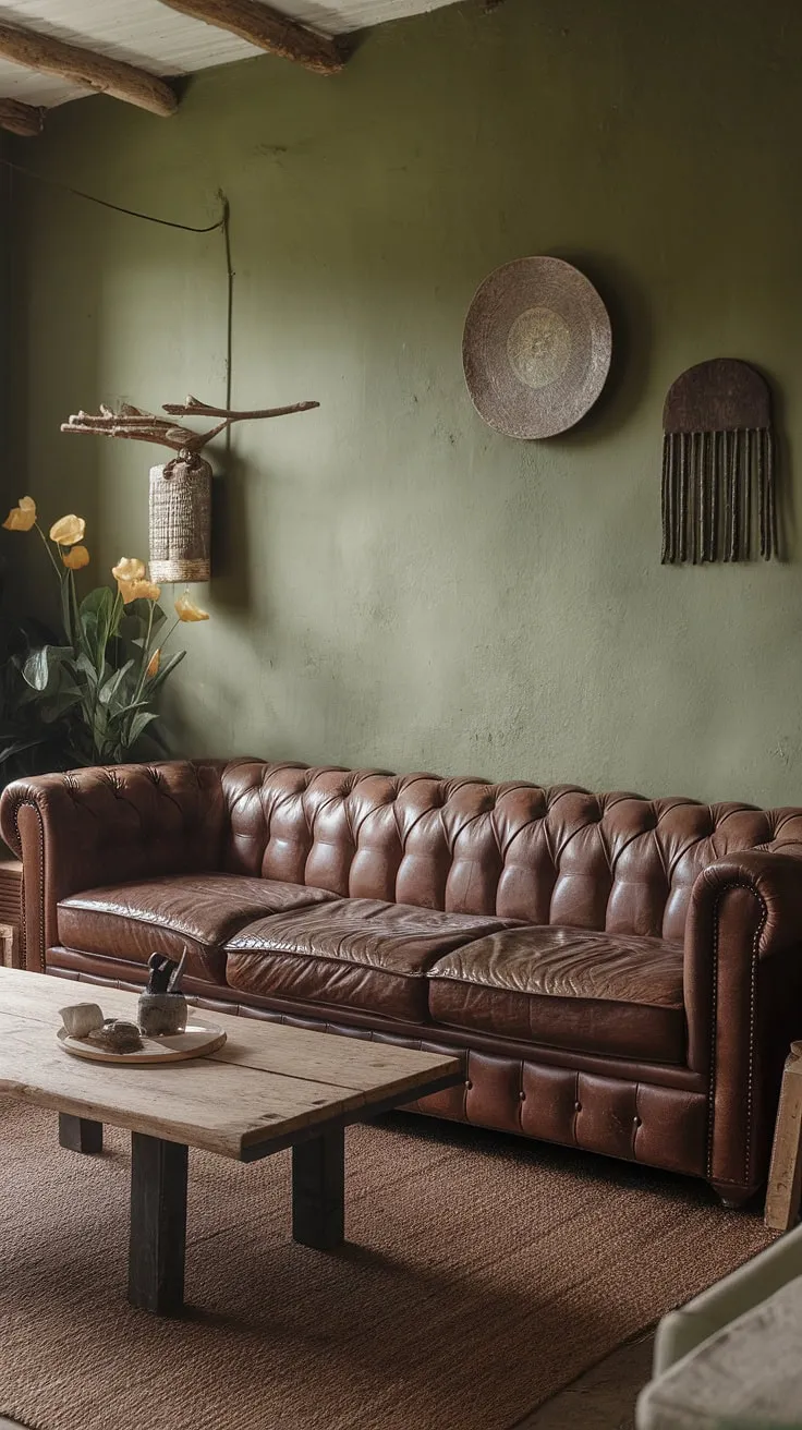 This rustic green living room is a sanctuary of calm. The deep green walls, brown leather sofa, and warm wooden accents create a space that feels both inviting and sophisticated. A true escape from the everyday.