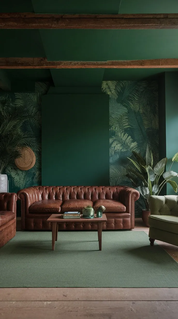 Sink into comfort in this rustic haven, where deep jungle green walls and a plush brown leather sofa create a sanctuary of calm. The rich textures and earthy tones, complemented by the wooden beams and a touch of greenery, invite relaxation and quiet contemplation. A perfect blend of nature-inspired design and cozy ambiance.