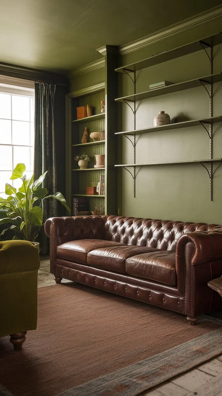 Sink into comfort in this rustic green haven. The rich brown leather sofa complements the calming green walls and shelves, creating a space that's both inviting and sophisticated. A touch of nature completes the scene.